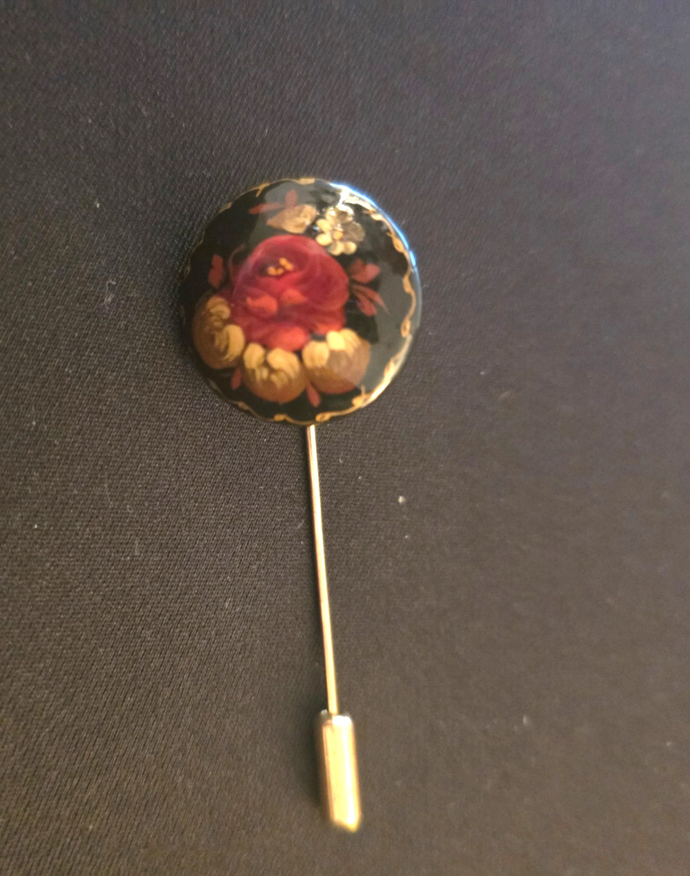 Vintage Style Floral Stick Pin Red Rose Yellow Flowers Black Round Top